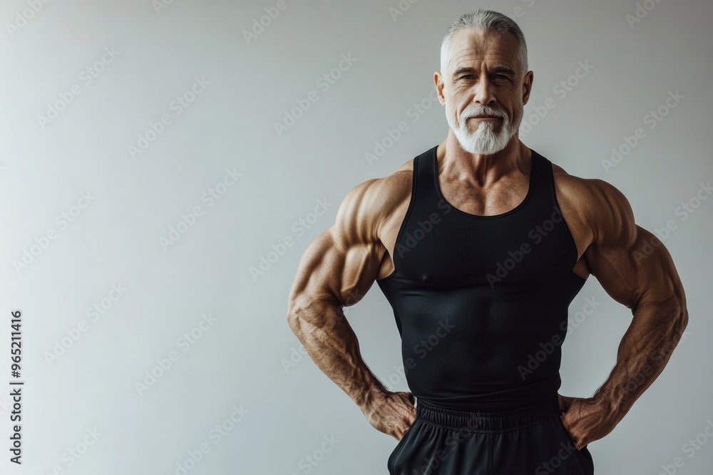 Fototapeta premium A fit senior man with a powerful physique, confidently posing against a plain background, showcasing his dedication to fitness
