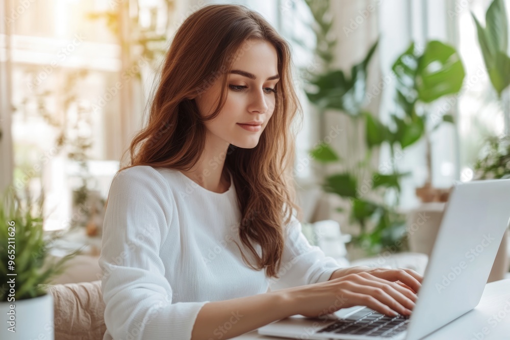 A photorealistic image of a young woman marketer, typing on her laptop in a bright, modern office, the scene styled like a high-end lifestyle magazine A photorealistic image of a young woman marketer, typing on her laptop in a bright, modern office, the scene styled like a high-end lifestyle magazine