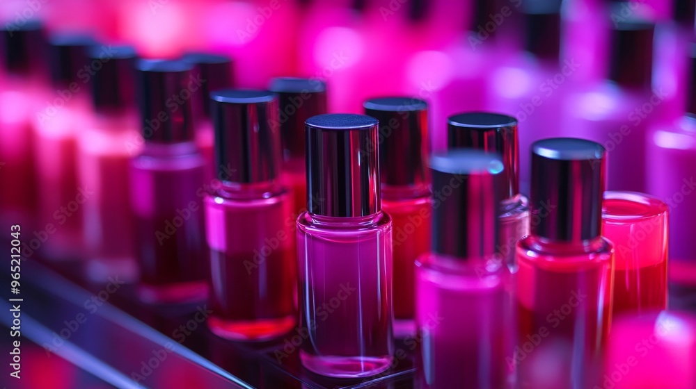 A vibrant display of colorful nail polish bottles arranged in a row. The bright pink and purple hues create a lively atmosphere. Perfect for beauty lovers and nail art enthusiasts. AI A vibrant display of colorful nail polish bottles arranged in a row. The bright pink and purple hues create a lively atmosphere. Perfect for beauty lovers and nail art enthusiasts. AI