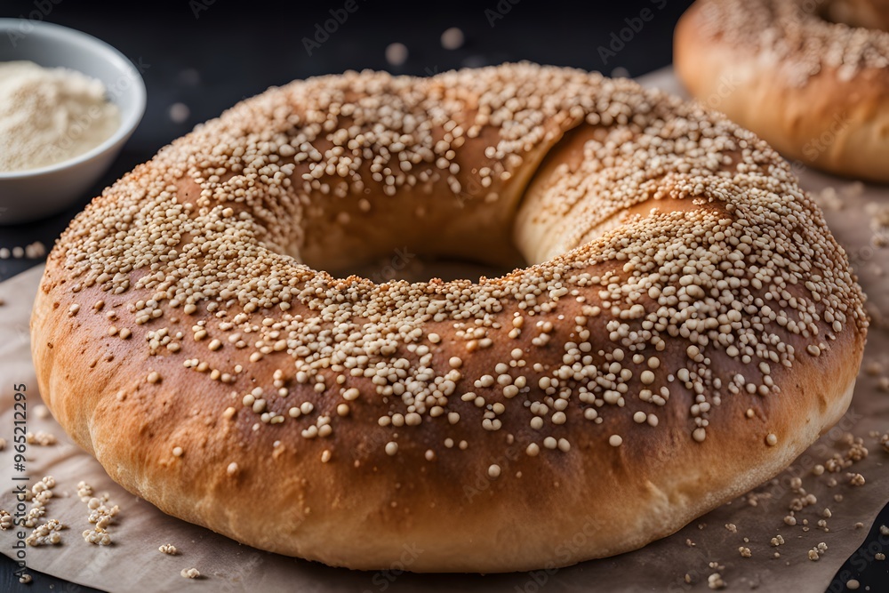 A turkish simit bread ring covered in sesame seeds and a golden brown crust, AI Generated A turkish simit bread ring covered in sesame seeds and a golden brown crust, AI Generated