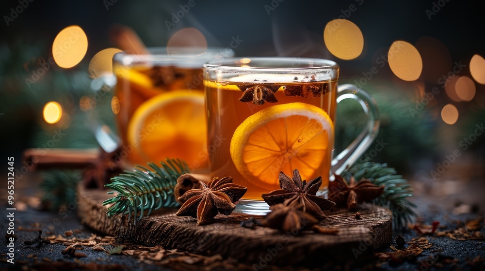 Christmas drink. Hot tea with lemon and spices in glass cup on dark background. Christmas drink. Hot tea with lemon and spices in glass cup on dark background.