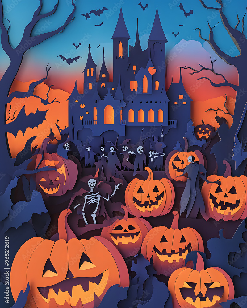 Fototapeta premium Fantasy Halloween celebration with spooky pumpkins, a range of costumed characters, a castle, and decorations ghosts, witches, and skeletons, with a clear copy space.paper cut craft style.