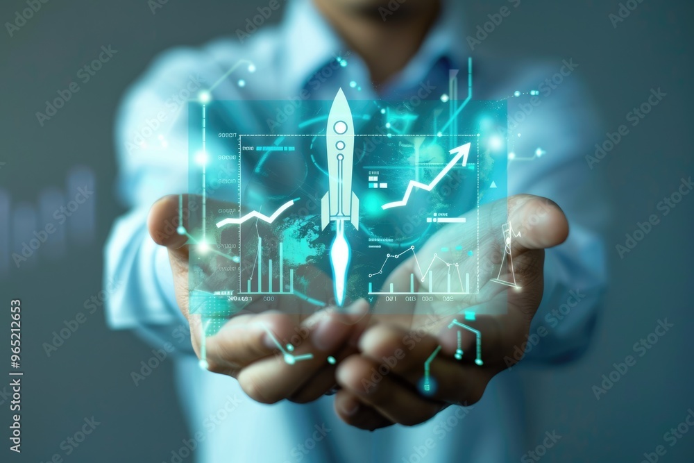 Hand holding hologram of start-up rocket, graph, and upward arrow, solid color background Hand holding hologram of start-up rocket, graph, and upward arrow, solid color background