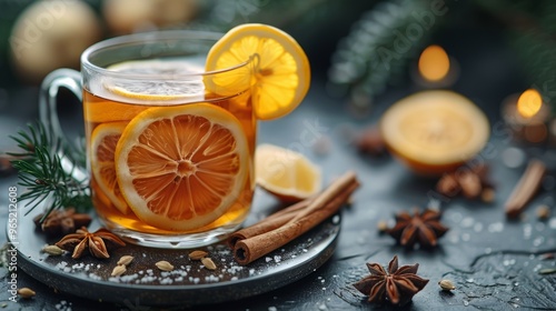 Christmas drink. Hot tea with lemon and spices in glass cup on dark background.  photo