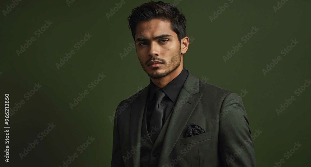 Calm Hispanic male model in charcoal suit on olive green background Calm Hispanic male model in charcoal suit on olive green background