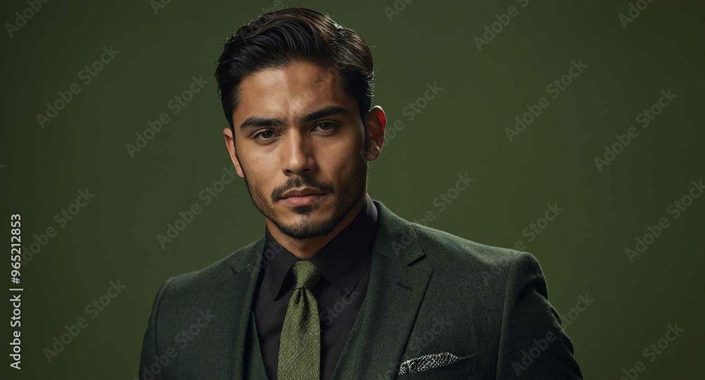 Calm Hispanic male model in charcoal suit on olive green background Calm Hispanic male model in charcoal suit on olive green background