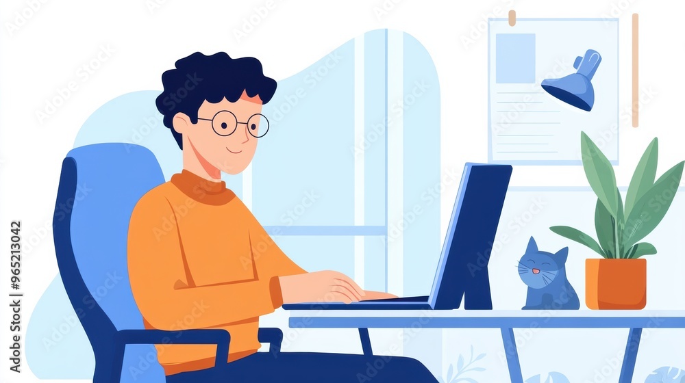 A man sitting at a desk with laptop and cat, AI A man sitting at a desk with laptop and cat, AI