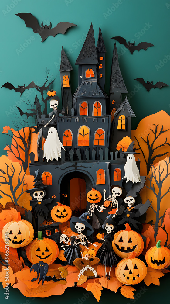 Fantasy Halloween celebration with spooky pumpkins, a range of costumed characters, a castle, and decorations ghosts, witches, and skeletons, with a clear copy space.paper cut craft style. Fantasy Halloween celebration with spooky pumpkins, a range of costumed characters, a castle, and decorations ghosts, witches, and skeletons, with a clear copy space.paper cut craft style.