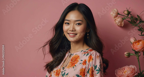 Cheerful Asian female model in floral summer dress on pink background