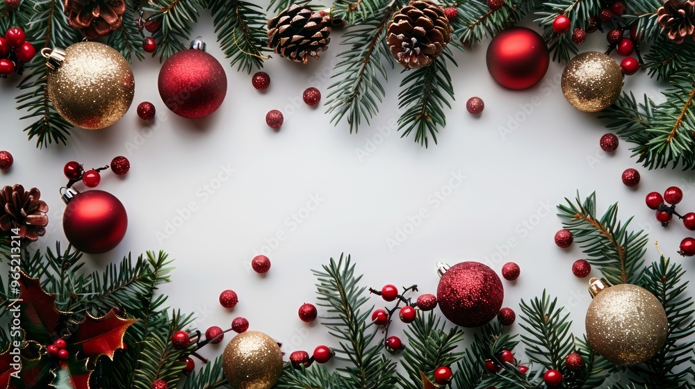 Christmas frame of spruce, red gold christmas decorations on white background. Copy space. New Year lights. Flat lay. Christmas frame of spruce, red gold christmas decorations on white background. Copy space. New Year lights. Flat lay.