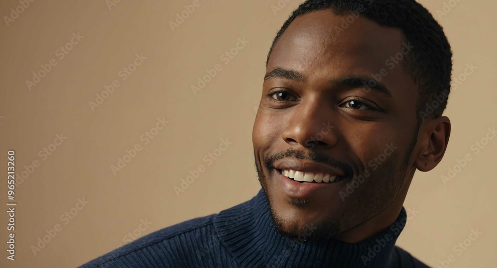 Cheerful Black male model in navy turtleneck on beige background Cheerful Black male model in navy turtleneck on beige background