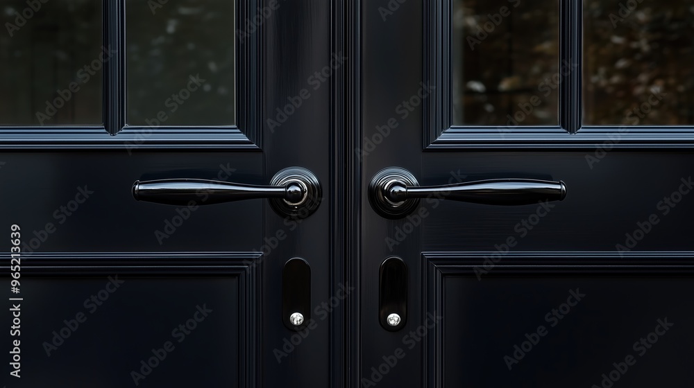 The black door has a silver knob and a silver handle. The door is made of wood The black door has a silver knob and a silver handle. The door is made of wood
