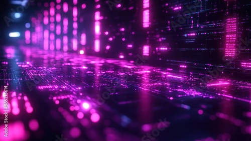 Abstract digital landscape with glowing pink data streams.