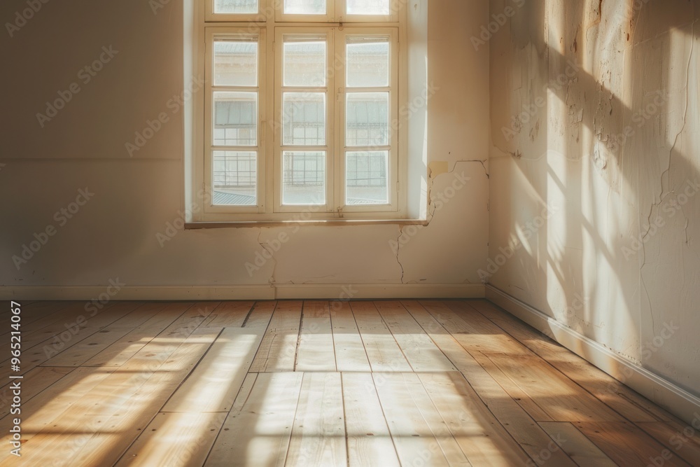 A minimalist, empty room with wooden flooring, bathed in natural sunlight from a single window A minimalist, empty room with wooden flooring, bathed in natural sunlight from a single window