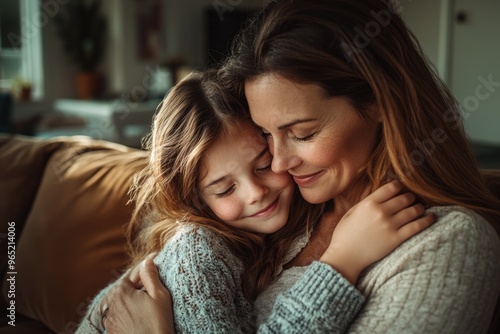 High-resolution brightly lit photorealistic candid photograph of a mother and daughter bonding together in a warm, inviting living room. The photograph has a light and bright feel, styled like a