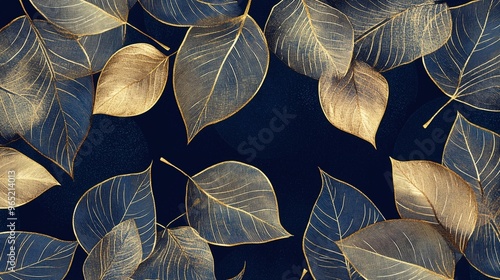 A blue background with gold leafy patterns