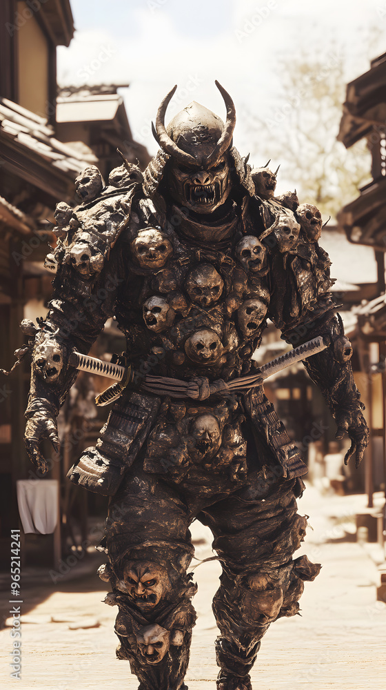 A samurai wearing menacing armor made from oni material, with a helmet, walking through an Edo period town during bright daylight A samurai wearing menacing armor made from oni material, with a helmet, walking through an Edo period town during bright daylight