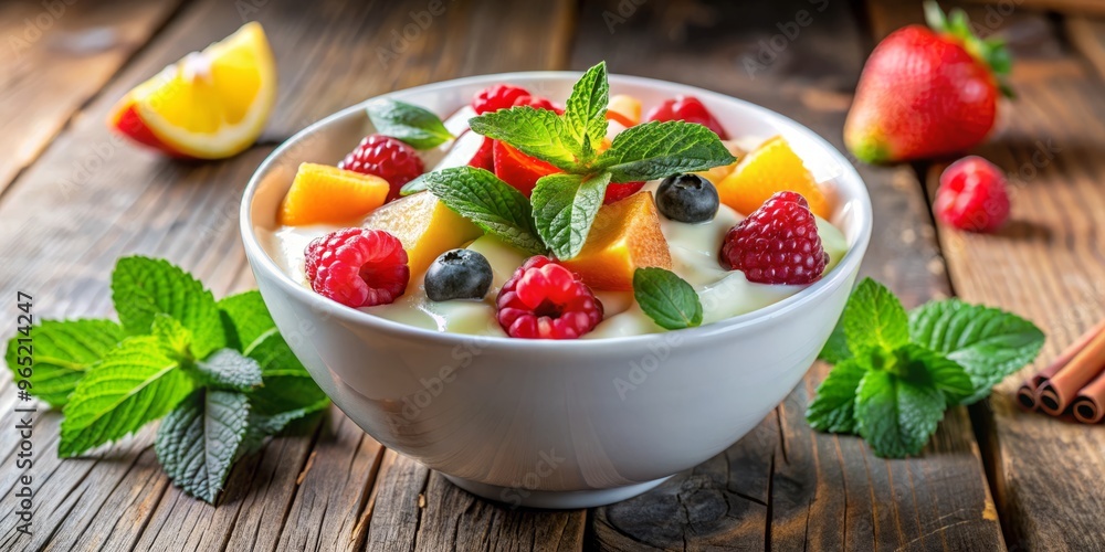 Vibrant fruit salad is artfully arranged in a white yogurt bowl, garnished with a delicate sprig of mint Vibrant fruit salad is artfully arranged in a white yogurt bowl, garnished with a delicate sprig of mint