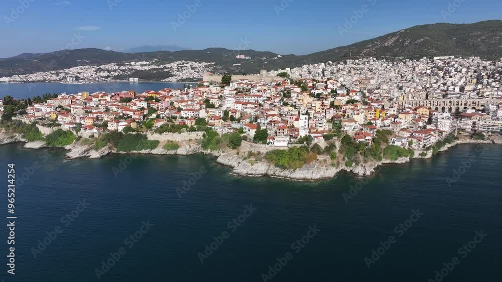 Aerial view of Kavala Old Town, Kavala Bay and Kavala Fortress, Kavala, Greece, Europe Aerial view of Kavala Old Town, Kavala Bay and Kavala Fortress, Kavala, Greece, Europe