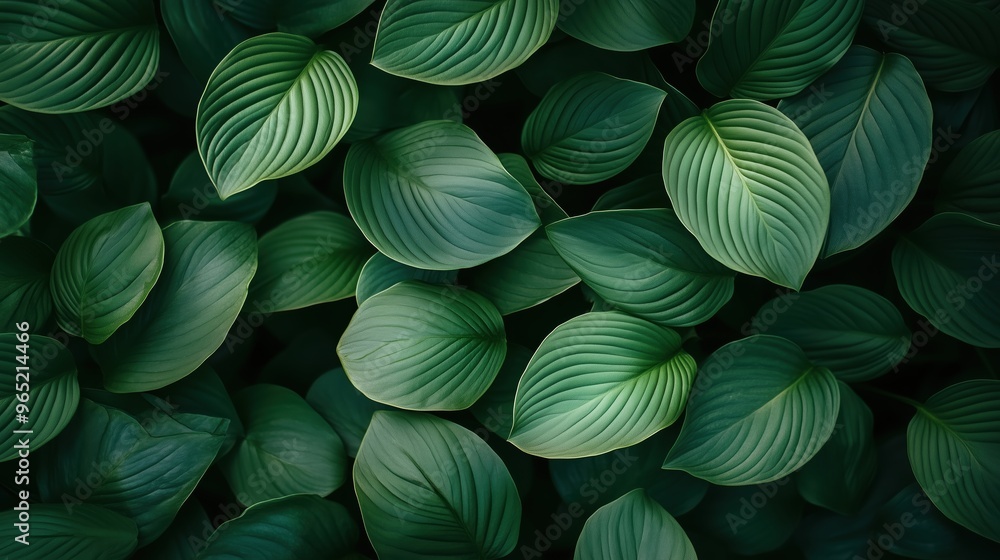 A close up of green leaves with a lush green background. The leaves are large and full, giving the impression of a dense forest. Concept of tranquility and natural beauty A close up of green leaves with a lush green background. The leaves are large and full, giving the impression of a dense forest. Concept of tranquility and natural beauty