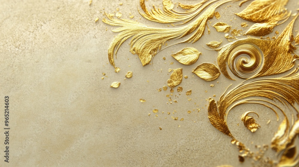 Obraz premium A gold leaf design is painted on a white background. The gold leaf design is very intricate and detailed, with many different shapes and sizes. Scene is elegant and sophisticated