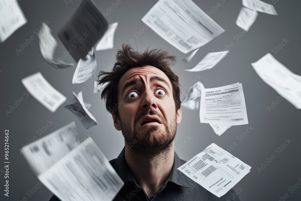 A close-up of a man with a worried expression, surrounded by floating invoices against a solid grey backdrop. The photograph captures anxiety with professional color grading and high-resolution 16k A close-up of a man with a worried expression, surrounded by floating invoices against a solid grey backdrop. The photograph captures anxiety with professional color grading and high-resolution 16k