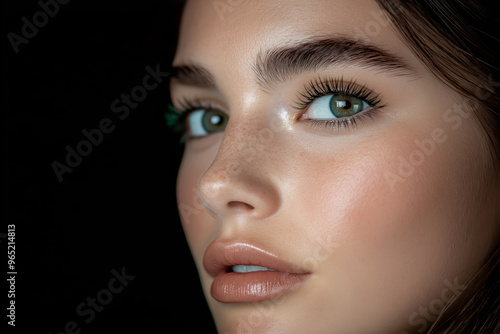 A close-up portrait of a woman with striking green eyes, flawless skin, and subtle makeup, set against a dark background