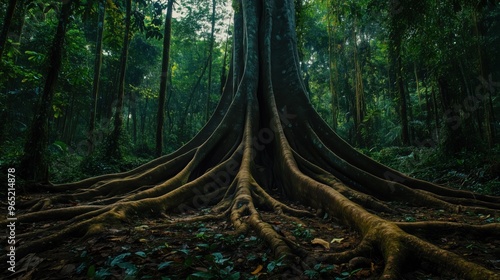 A large tree with a thick trunk and many roots. The roots are brown and spread out in all directions. Concept of strength and stability, as the tree's roots are firmly planted in the ground
