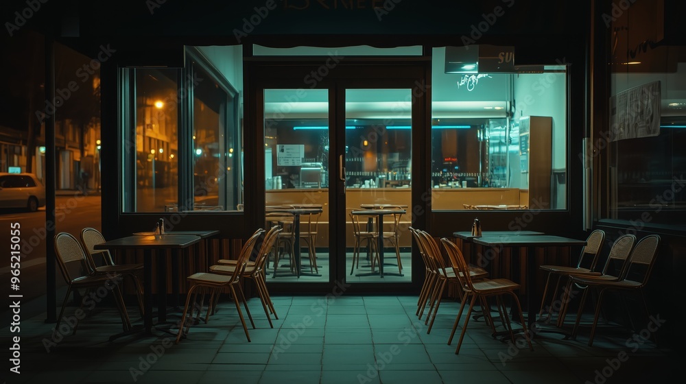 A restaurant with a dark atmosphere and empty tables A restaurant with a dark atmosphere and empty tables