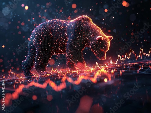 A bullish stock market graph with a glowing upward trend and a bear fading in the background, trading, stocks, bull bear market photo