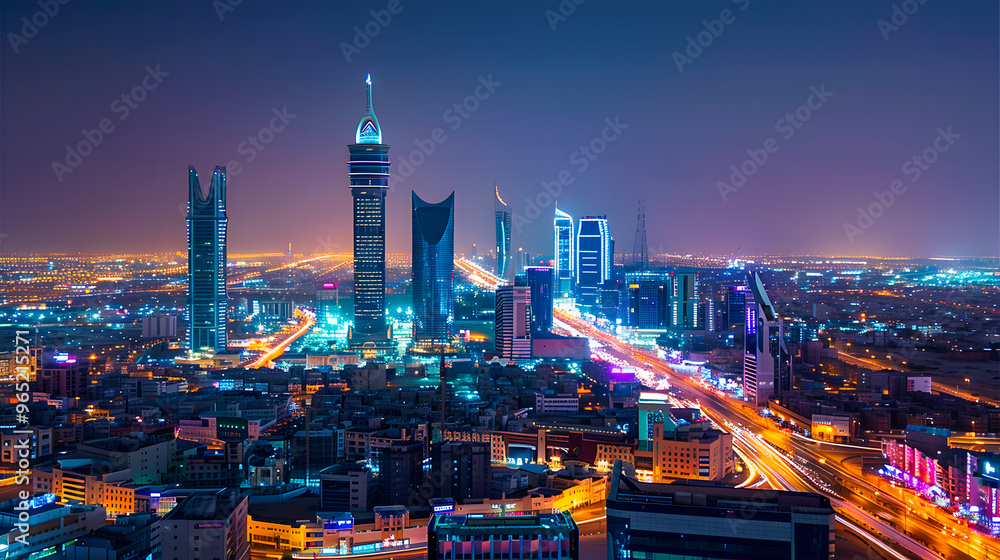Fototapeta premium Riyadh City Skyline at Dusk with Dazzling Lights and Modern Architecture, A Stunning Urban Panorama