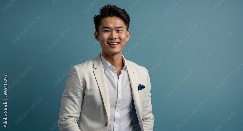 Happy Asian male model in white blazer and jeans on light blue background Happy Asian male model in white blazer and jeans on light blue background
