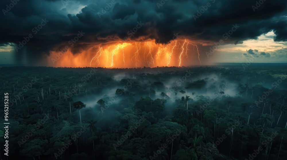 Fototapeta premium A stormy sky with lightning and rain. The sky is dark and the clouds are thick. Scene is intense and dramatic