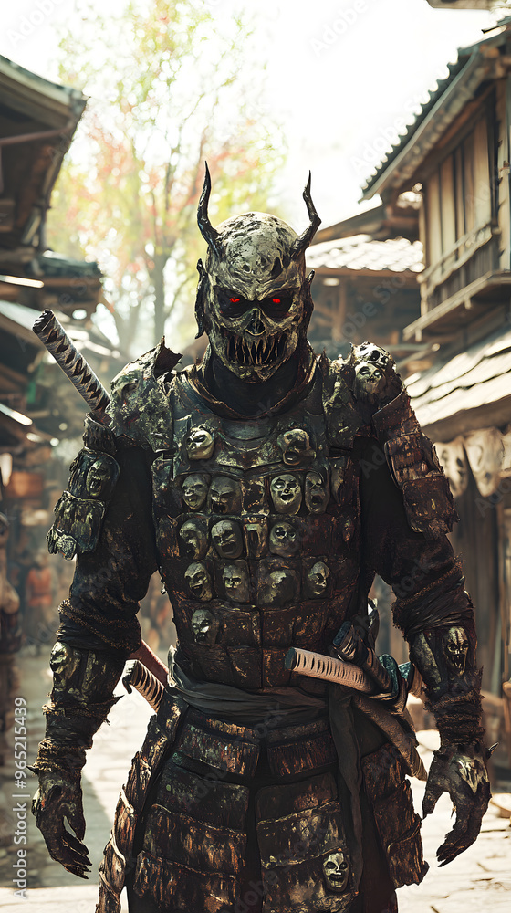 A samurai wearing menacing armor made from oni material, with a helmet, walking through an Edo period town during bright daylight A samurai wearing menacing armor made from oni material, with a helmet, walking through an Edo period town during bright daylight
