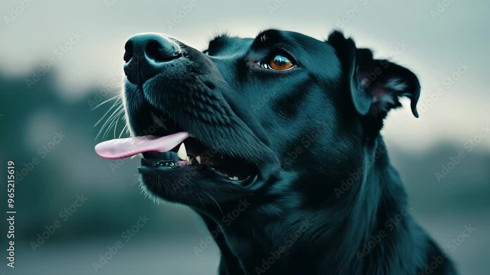 Black Labrador dog muzzle close-up. Breathing with tongue sticking out. Black Labrador dog muzzle close-up. Breathing with tongue sticking out.
