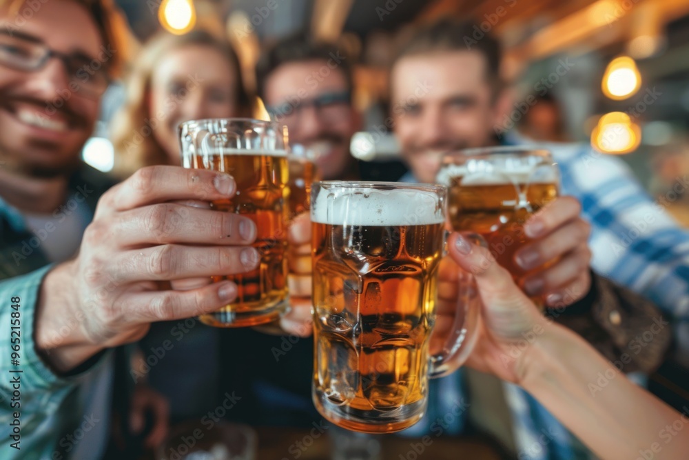 Close-up of a cheerful group of friends toasting with glasses of beer at a bar Close-up of a cheerful group of friends toasting with glasses of beer at a bar