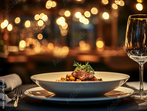 Photo of a gourmet dish , romantic evening dinner elegantly plated in dining restaurant setting