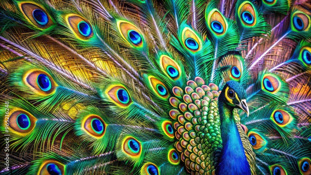 Fototapeta premium Vibrant peacock feathers display a kaleidoscope of colors, intricate patterns, and shimmering textures, a dazzling