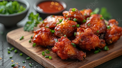 Close up of Crispy Fried Chicken Tights and Chicken Wings, served on a wooden cutting board with chili sauce, isolated on a white background. photo