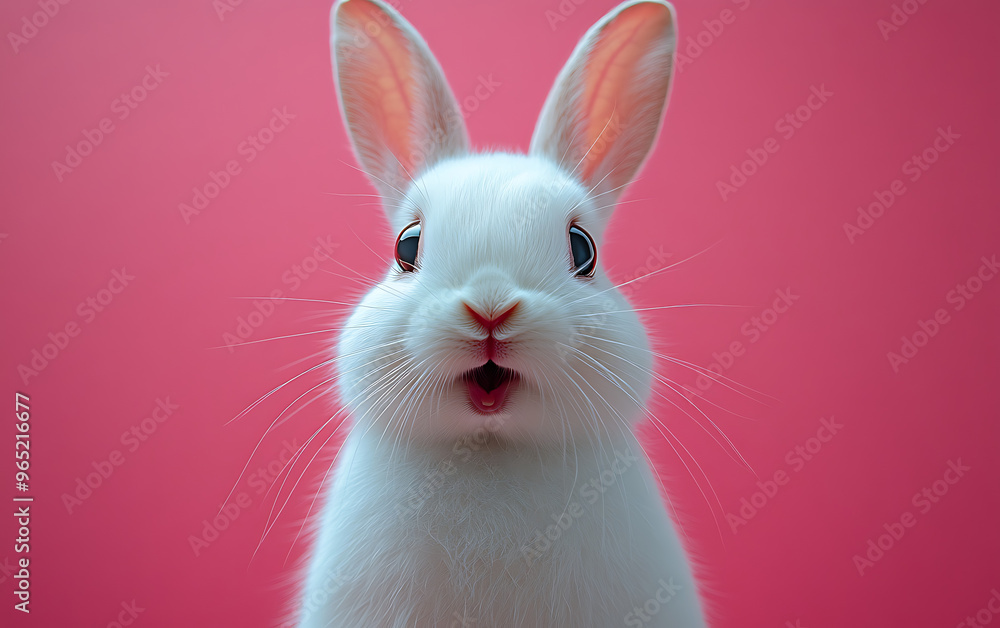 Surprised White Rabbit Portrait on Pink Background Surprised White Rabbit Portrait on Pink Background