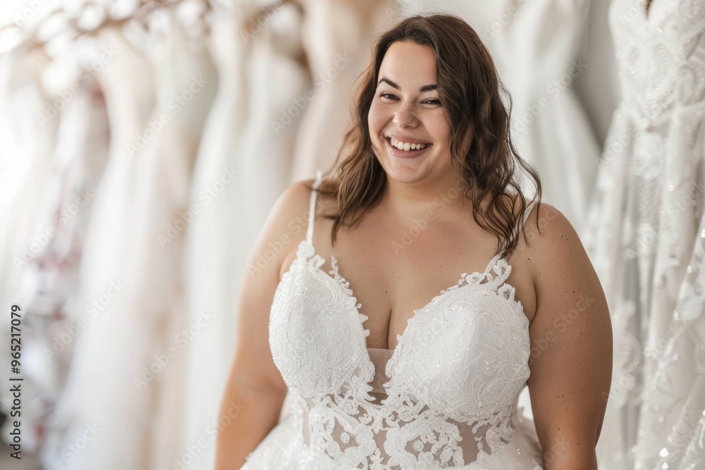 Plus size woman trying on wedding dress. Happy bride excited smile for wedding, happiness and marriage Plus size woman trying on wedding dress. Happy bride excited smile for wedding, happiness and marriage