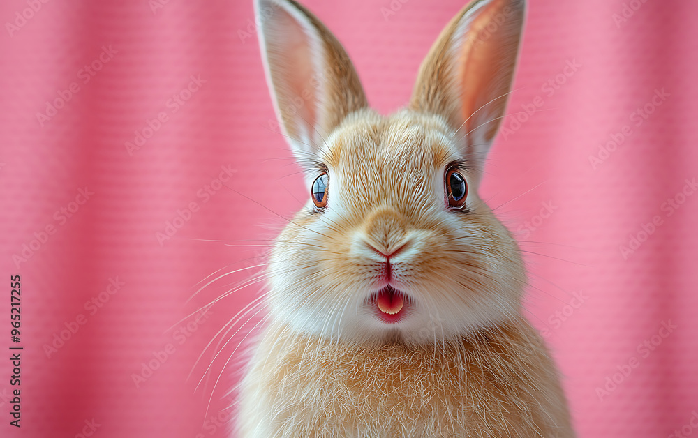 Fototapeta premium Surprised White Rabbit Portrait on Pink Background