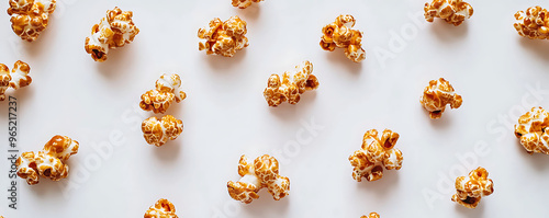 delicious caramel popcorn pieces scattered on a clean white background photo