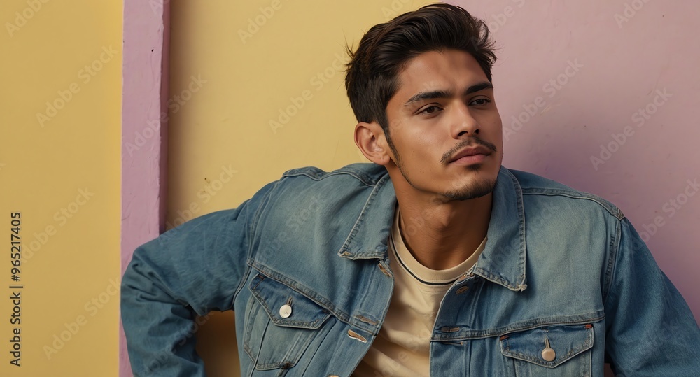 Relaxed Hispanic male model in denim jacket on pastel yellow background Relaxed Hispanic male model in denim jacket on pastel yellow background