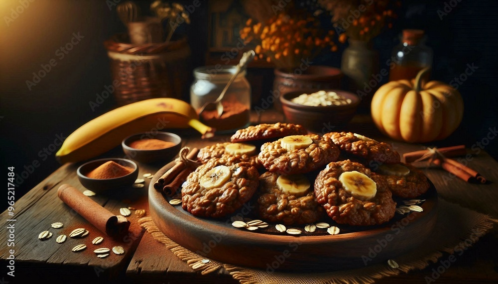 a plate of oatmeal cookies garnished with banana slices, surrounded by ingredients like oats, bananas, pumpkin, and cinnamon, creating a warm and inviting atmosphere. a plate of oatmeal cookies garnished with banana slices, surrounded by ingredients like oats, bananas, pumpkin, and cinnamon, creating a warm and inviting atmosphere.