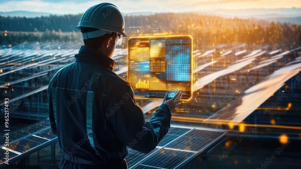 Very realistic and photographic photo of an engineer focused on a holographic display in a solar farm, analyzing solar cell innovations with visuals in metallic golds and deep blues representing Very realistic and photographic photo of an engineer focused on a holographic display in a solar farm, analyzing solar cell innovations with visuals in metallic golds and deep blues representing