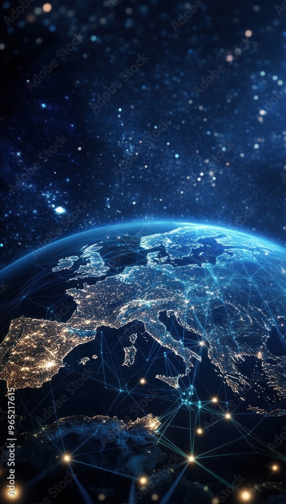 © Georgii - Digital illustration of Earth covered in glowing network lines symbolizing global connectivity and communication in a futuristic technological world
