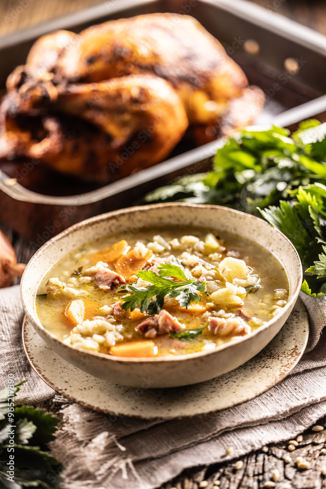 Soup made from barley groats, smoked pork neck, potatoes and root vegetables Soup made from barley groats, smoked pork neck, potatoes and root vegetables