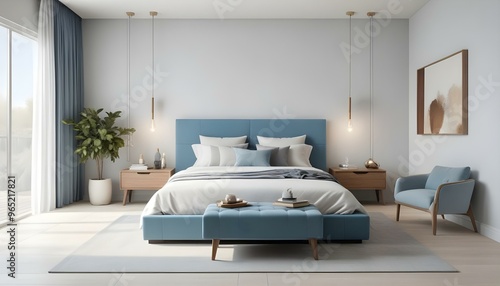 A modern and stylish bedroom with a large blue upholstered bed frame, wooden nightstands, and wall-mounted lamps.