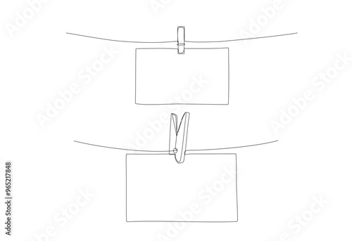 Piece of paper on rope with clothespin, one continuous line drawing. Empty frame in outline style